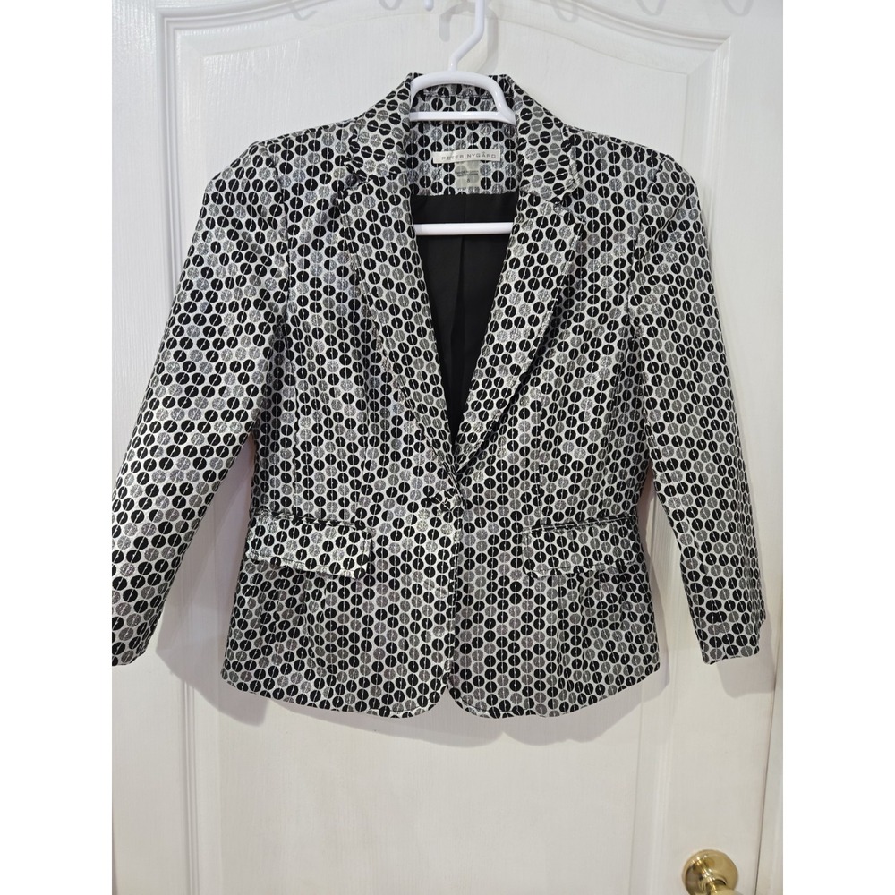 Peter Nygard Sz 8 Metallic Mod Dot Roundel Evening Jacket Silver Black Upscale
